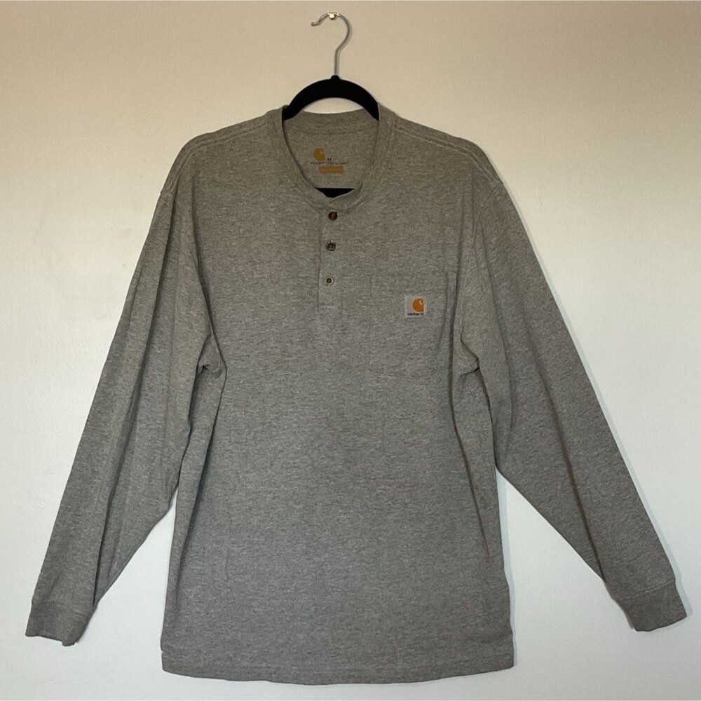 Carhartt Shirt Mens Grey Henley Loose Fit Heavyweight Long Sleeve Size M
